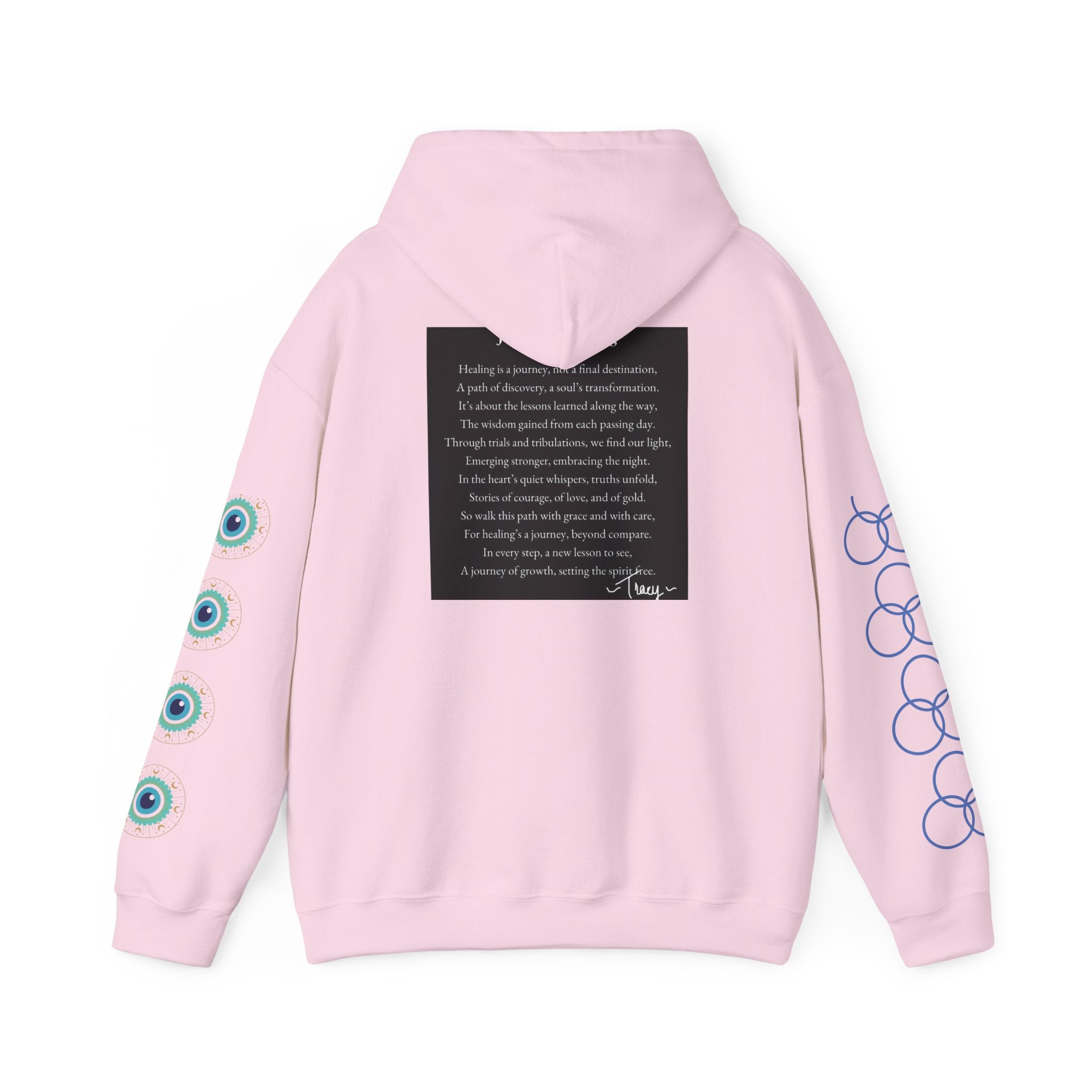 Hoodie — "Healing Is a Journey" Inspirational Pullover with Heart & Sleeve Graphics