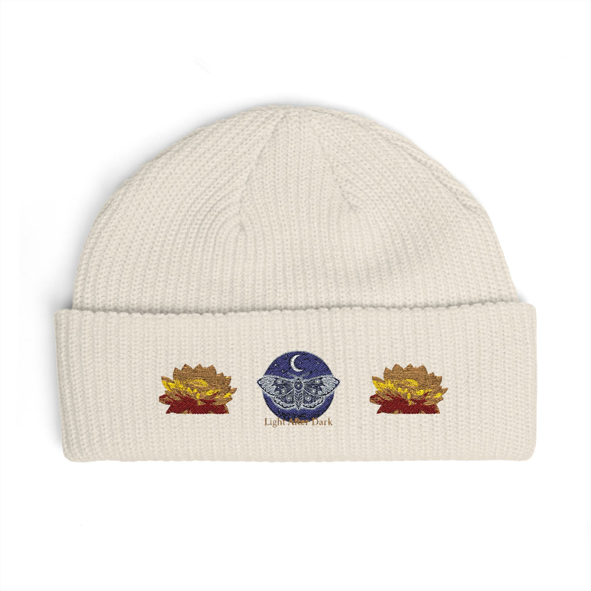 Embroidered light after dark lotus cuff beanie