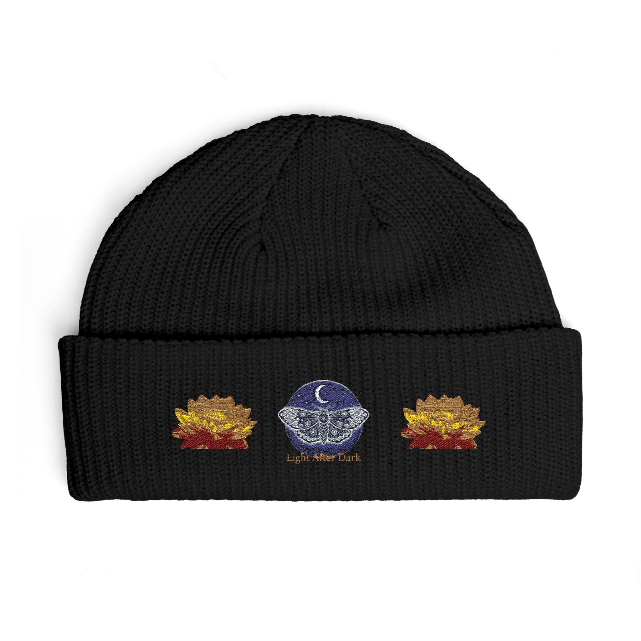 Embroidered light after dark lotus cuff beanie