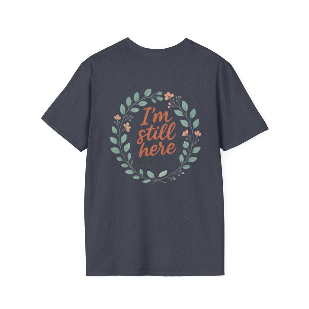 Survivor Awareness T-Shirt — Teal & Purple Ribbon “I’m Still Here” Design