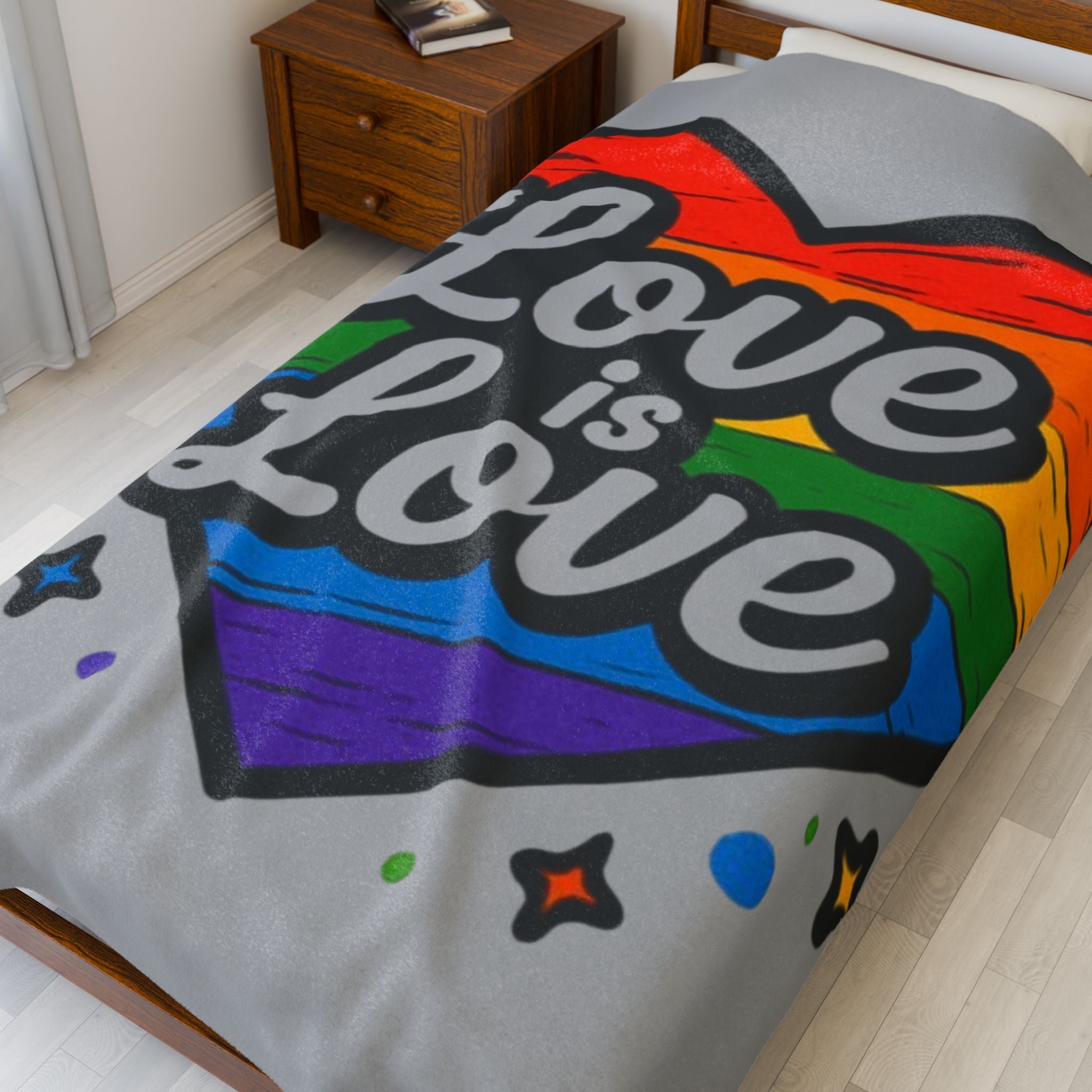 Love Is Love Rainbow Heart Plush Blanket — Soft Velveteen LGBTQ+ Pride Throw