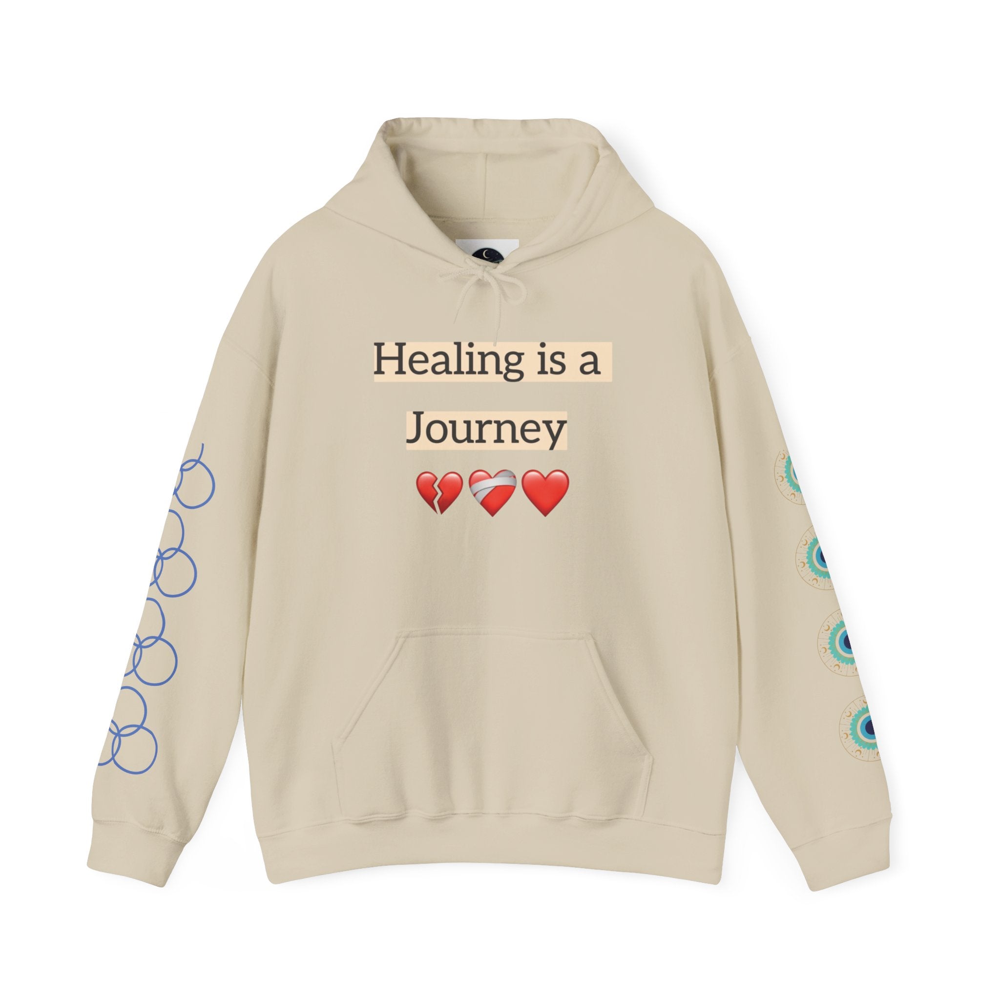 Hoodie — "Healing Is a Journey" Inspirational Pullover with Heart & Sleeve Graphics