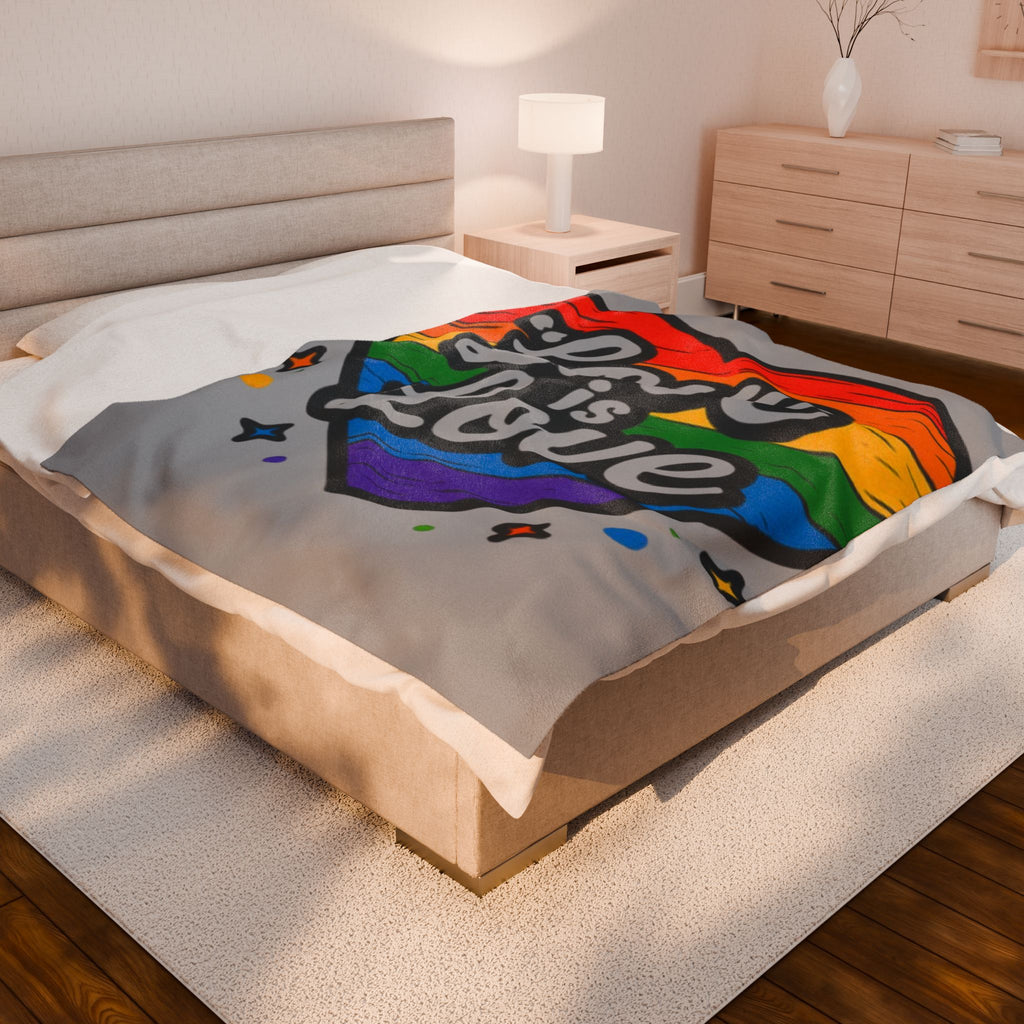 Love Is Love Rainbow Heart Plush Blanket — Soft Velveteen LGBTQ+ Pride Throw