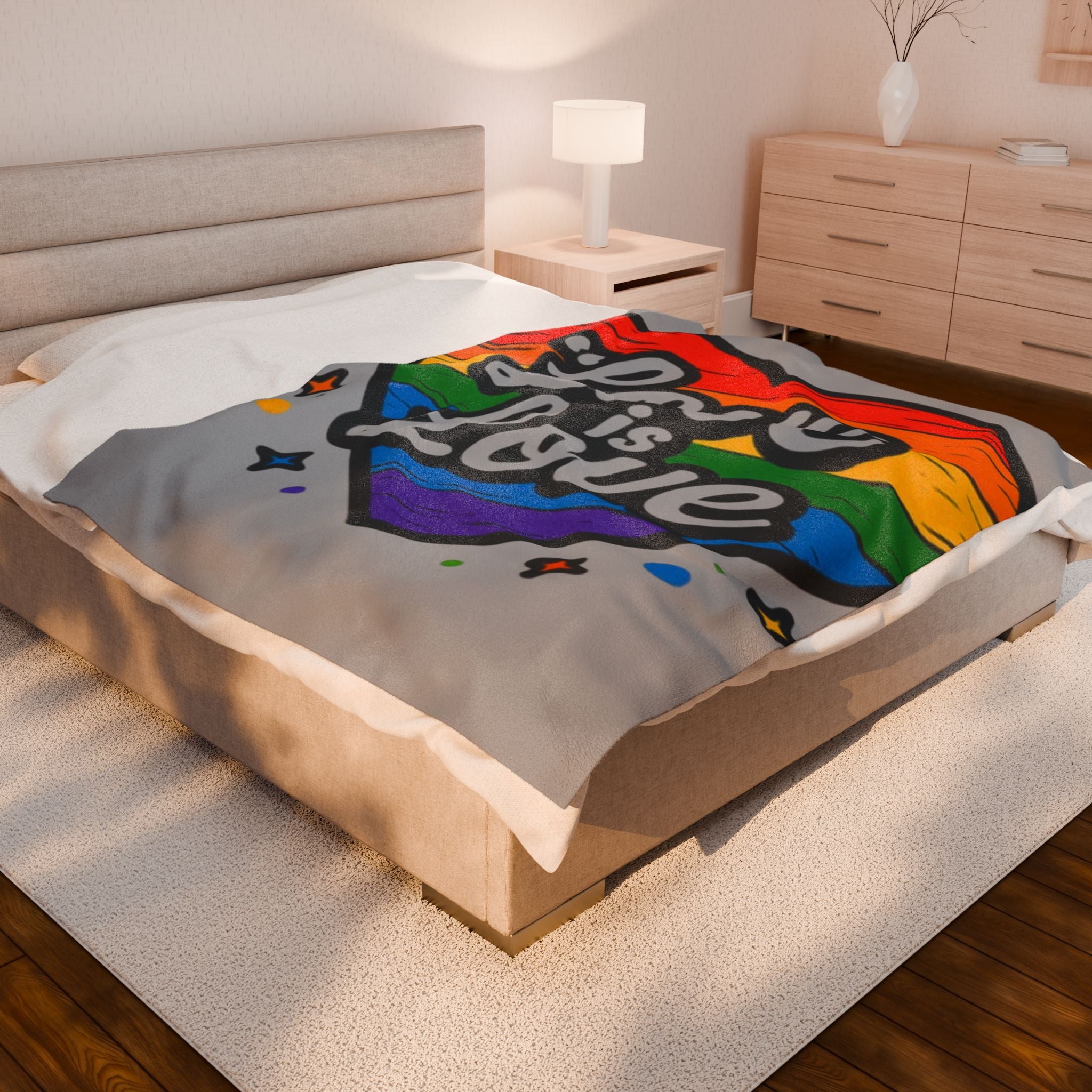 Love Is Love Rainbow Heart Plush Blanket — Soft Velveteen LGBTQ+ Pride Throw