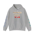 Hoodie — "Healing Is a Journey" Inspirational Pullover with Heart & Sleeve Graphics