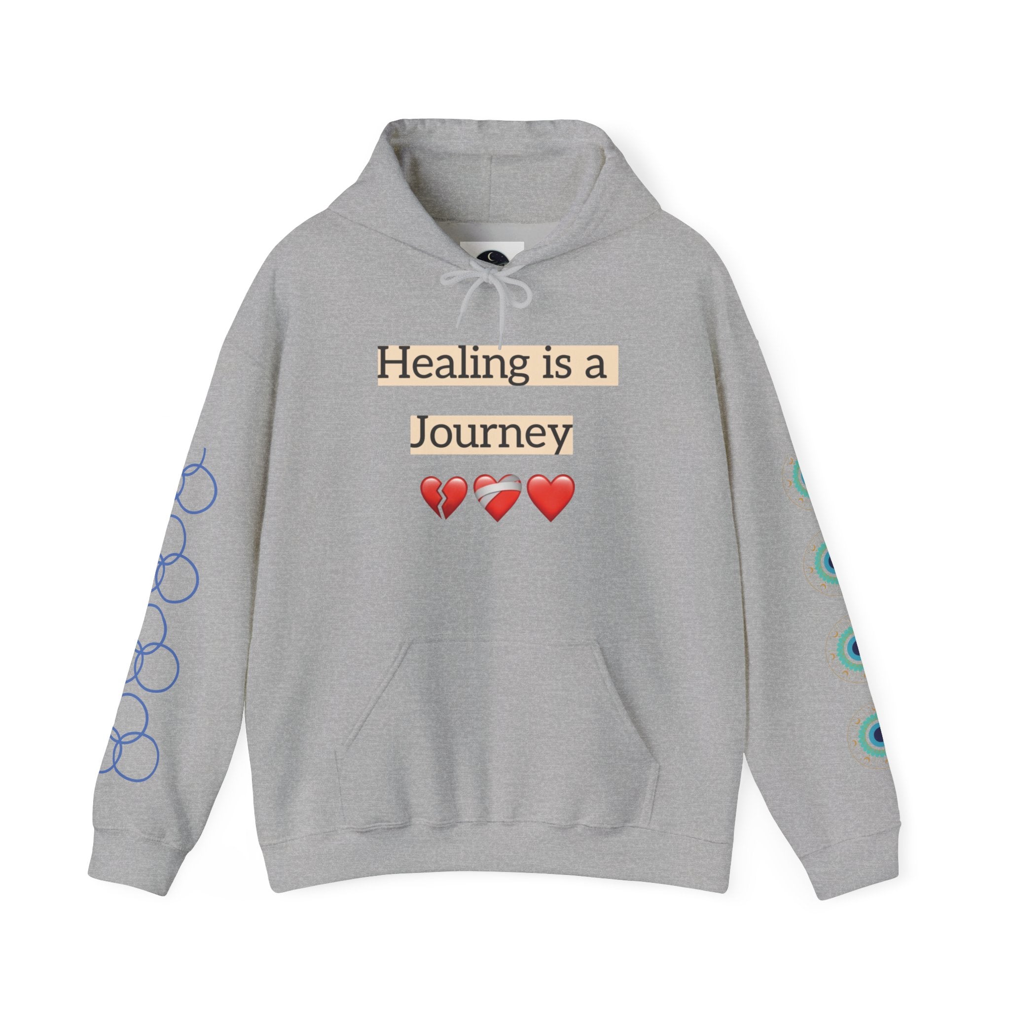 Hoodie — "Healing Is a Journey" Inspirational Pullover with Heart & Sleeve Graphics
