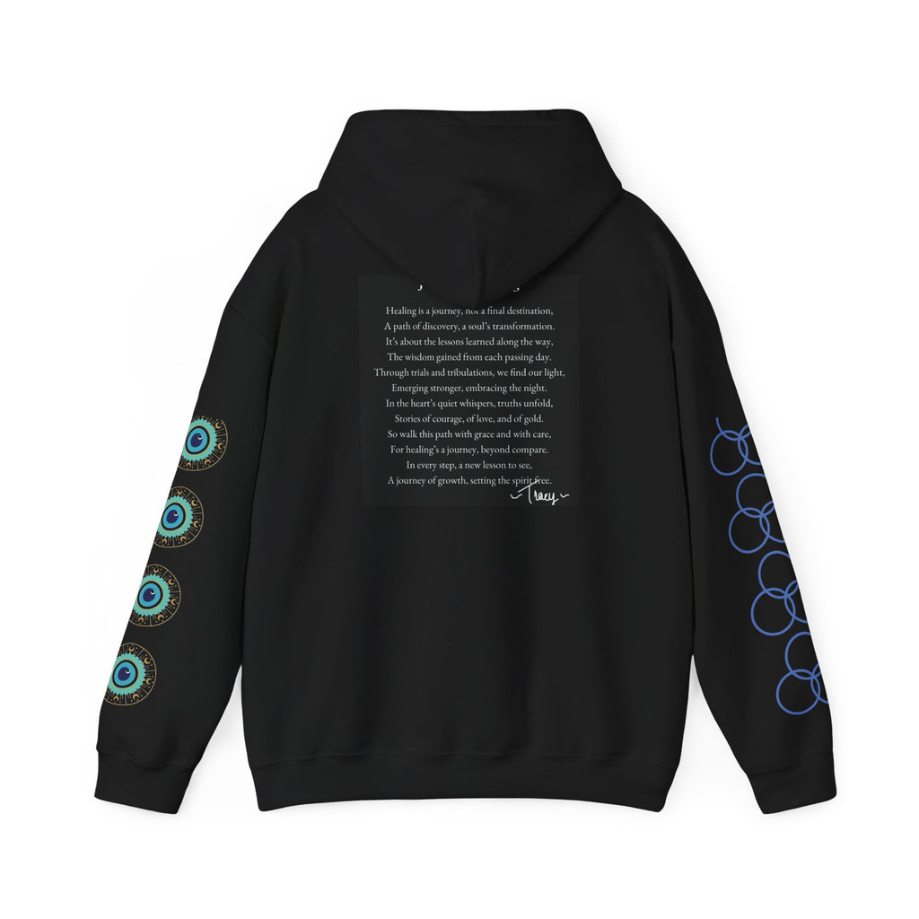 Hoodie — "Healing Is a Journey" Inspirational Pullover with Heart & Sleeve Graphics