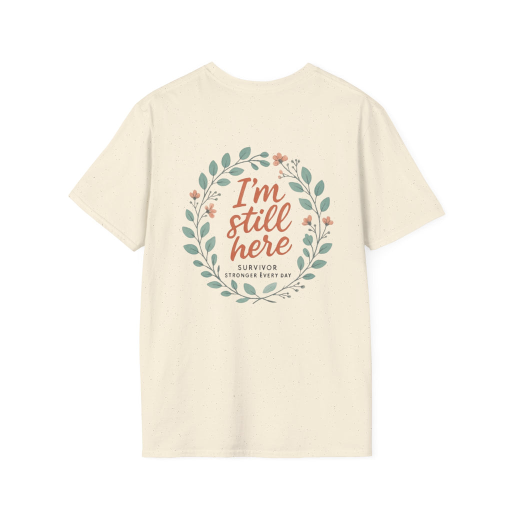 Survivor Awareness T-Shirt — Teal & Purple Ribbon “I’m Still Here” Design