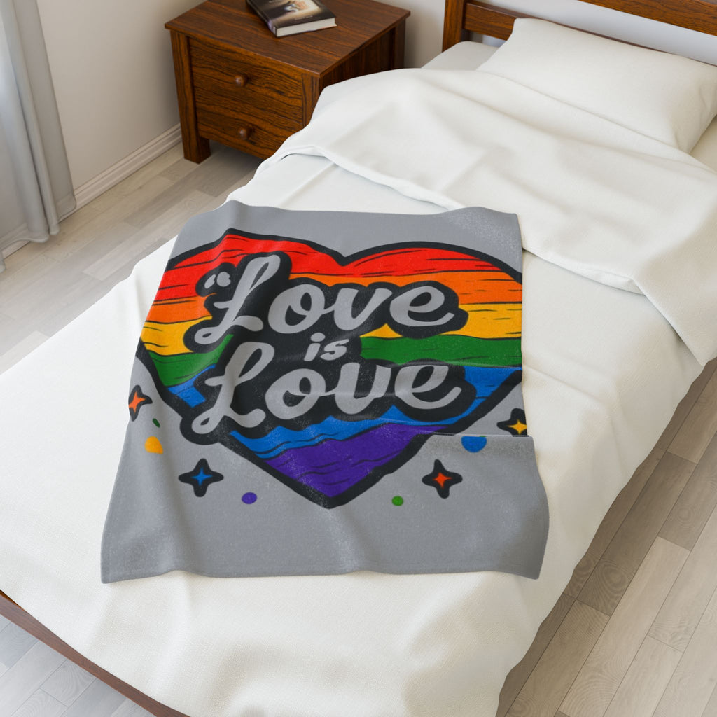 Love Is Love Rainbow Heart Plush Blanket — Soft Velveteen LGBTQ+ Pride Throw