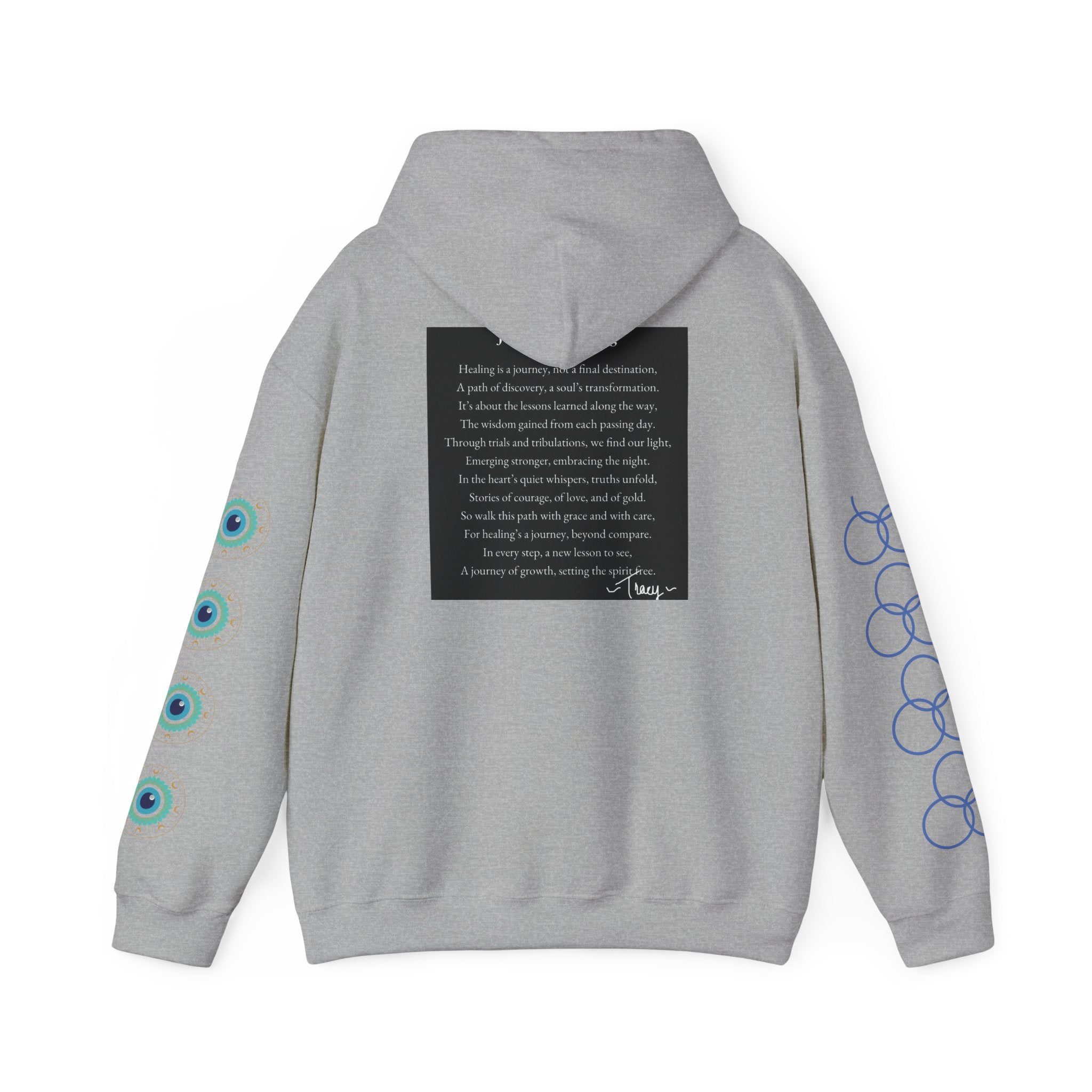 Hoodie — "Healing Is a Journey" Inspirational Pullover with Heart & Sleeve Graphics