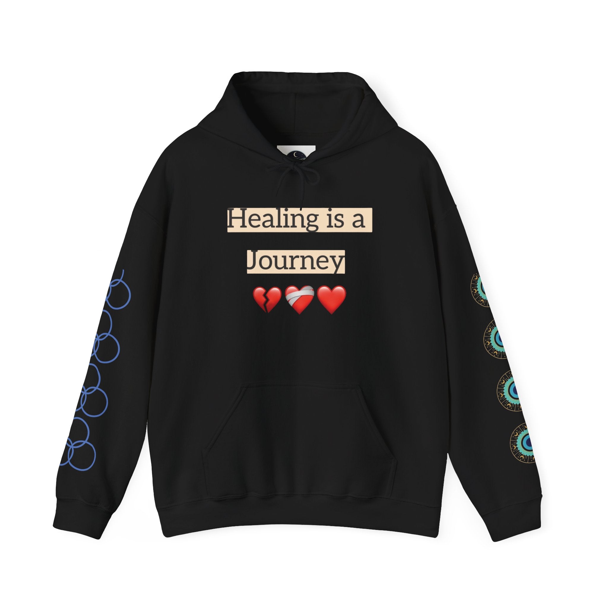 Hoodie — "Healing Is a Journey" Inspirational Pullover with Heart & Sleeve Graphics