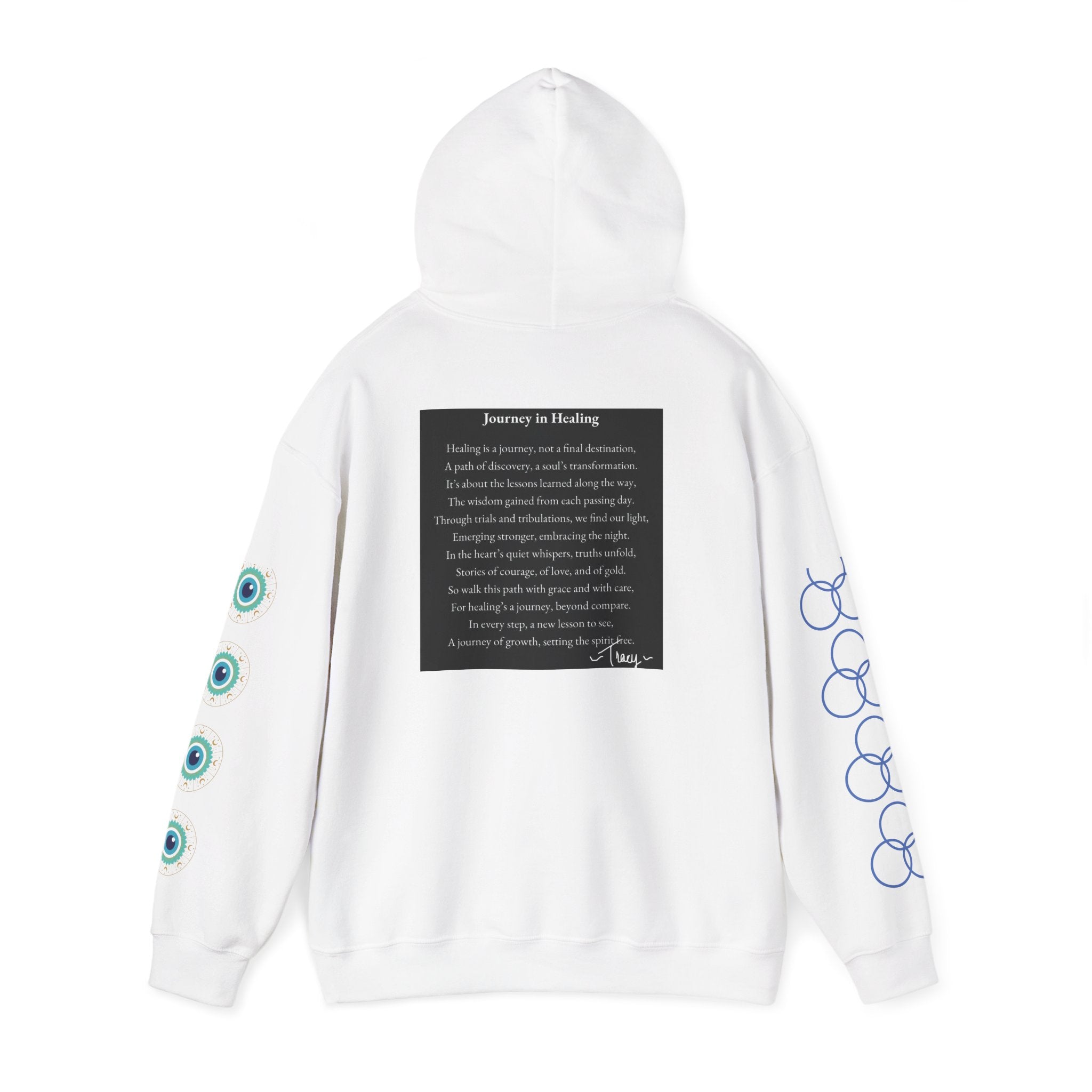 Hoodie — "Healing Is a Journey" Inspirational Pullover with Heart & Sleeve Graphics