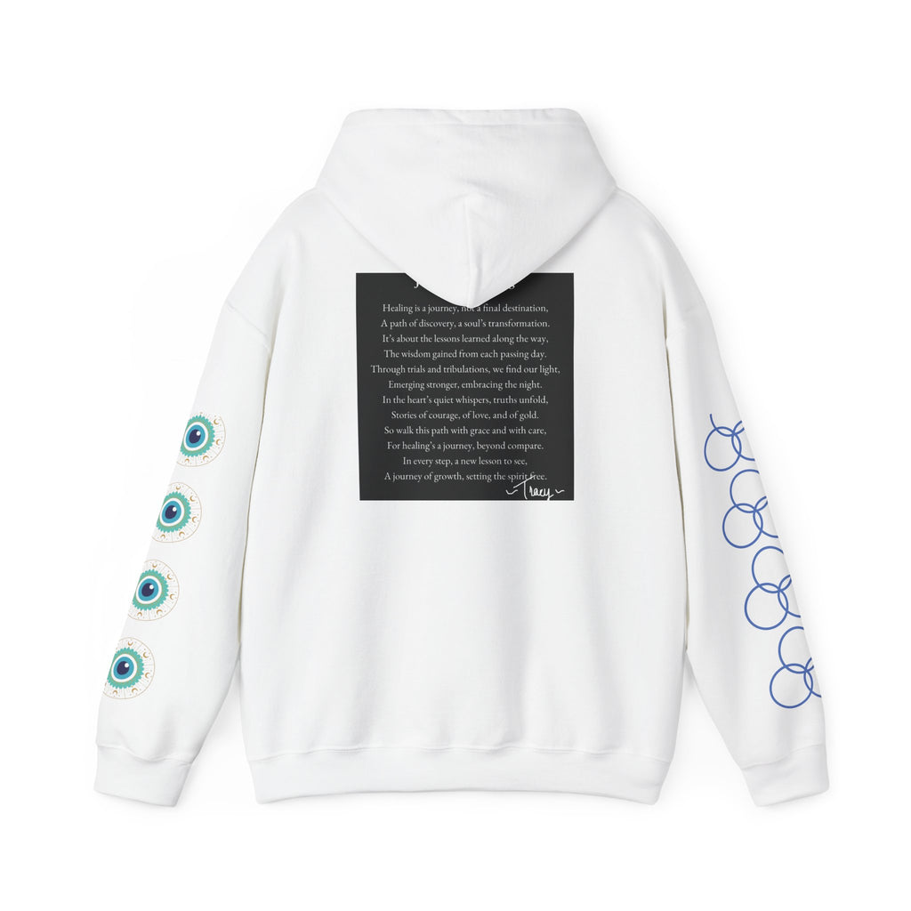 Hoodie — "Healing Is a Journey" Inspirational Pullover with Heart & Sleeve Graphics