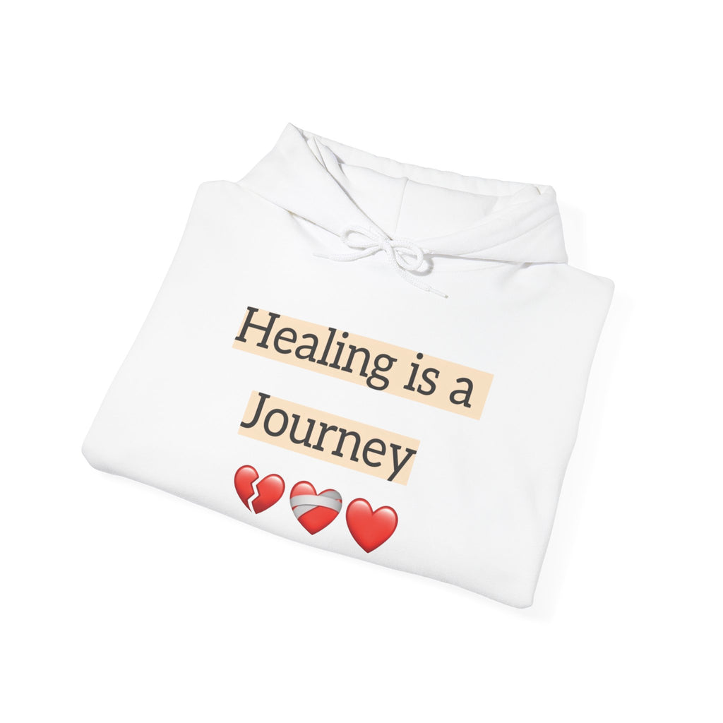 Hoodie — "Healing Is a Journey" Inspirational Pullover with Heart & Sleeve Graphics