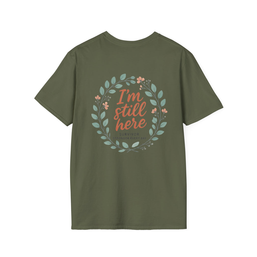 Survivor Awareness T-Shirt — Teal & Purple Ribbon “I’m Still Here” Design