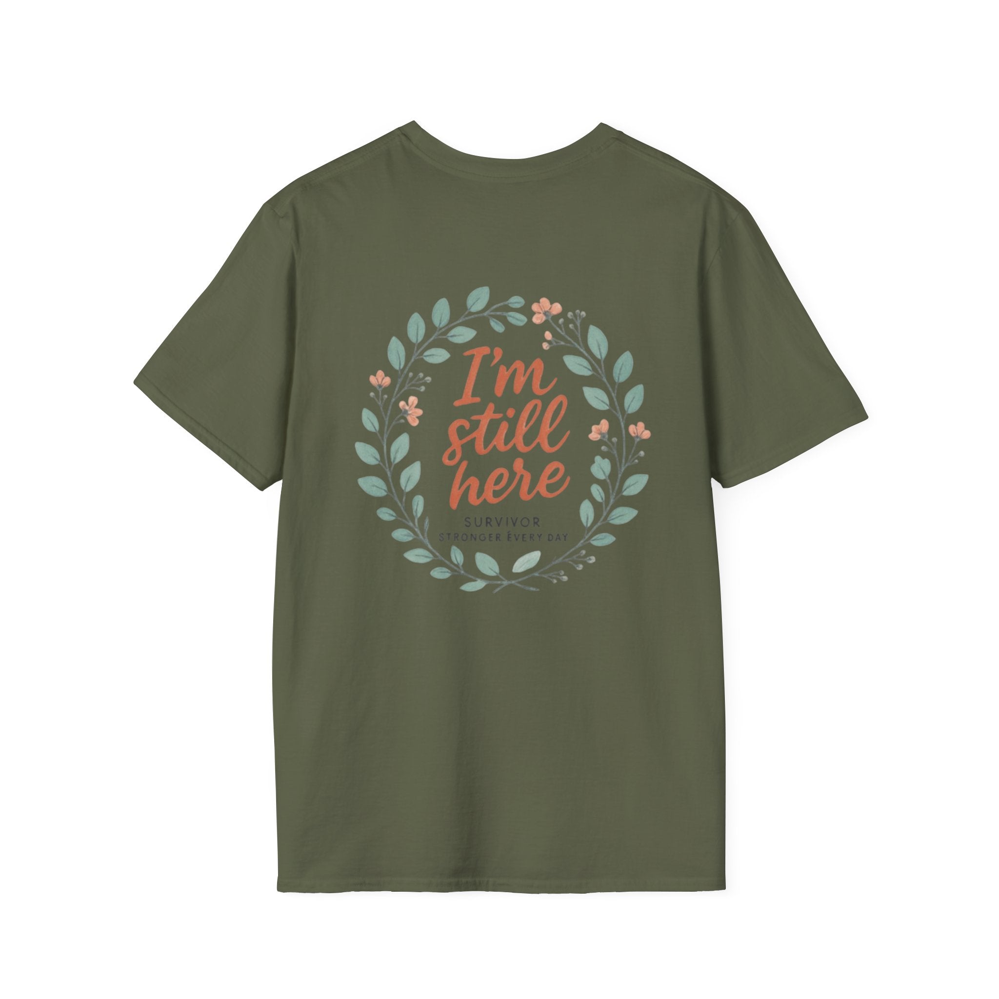 Survivor Awareness T-Shirt — Teal & Purple Ribbon “I’m Still Here” Design
