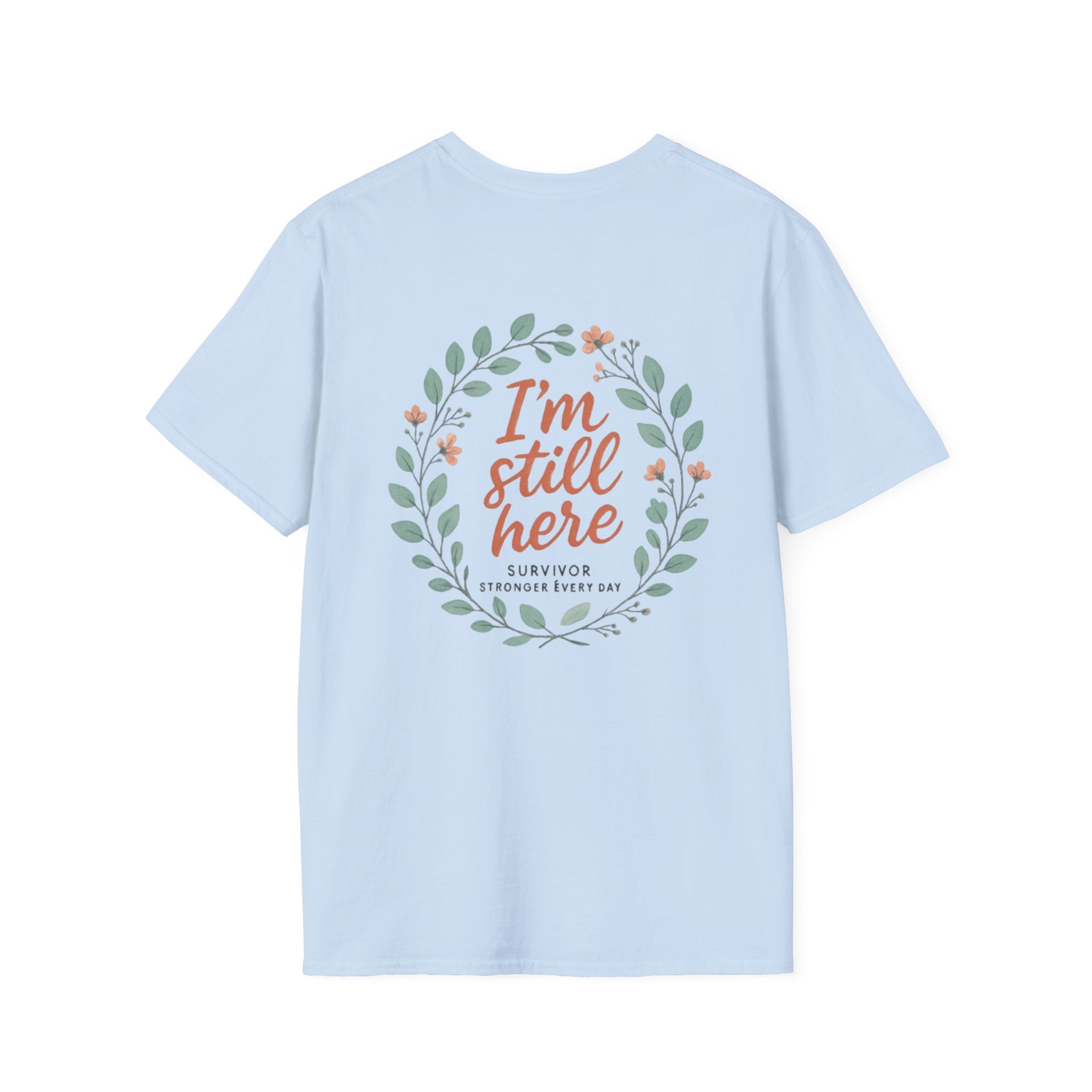 Survivor Awareness T-Shirt — Teal & Purple Ribbon “I’m Still Here” Design