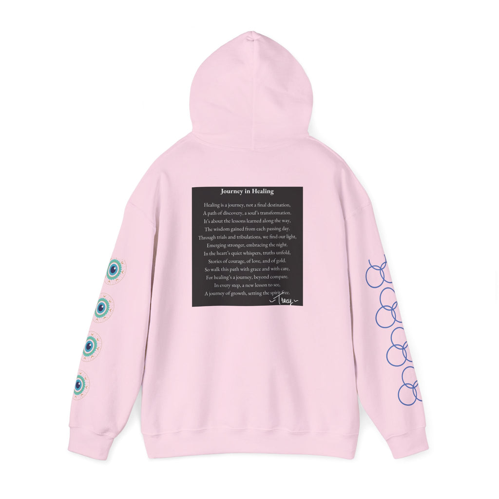 Hoodie — "Healing Is a Journey" Inspirational Pullover with Heart & Sleeve Graphics
