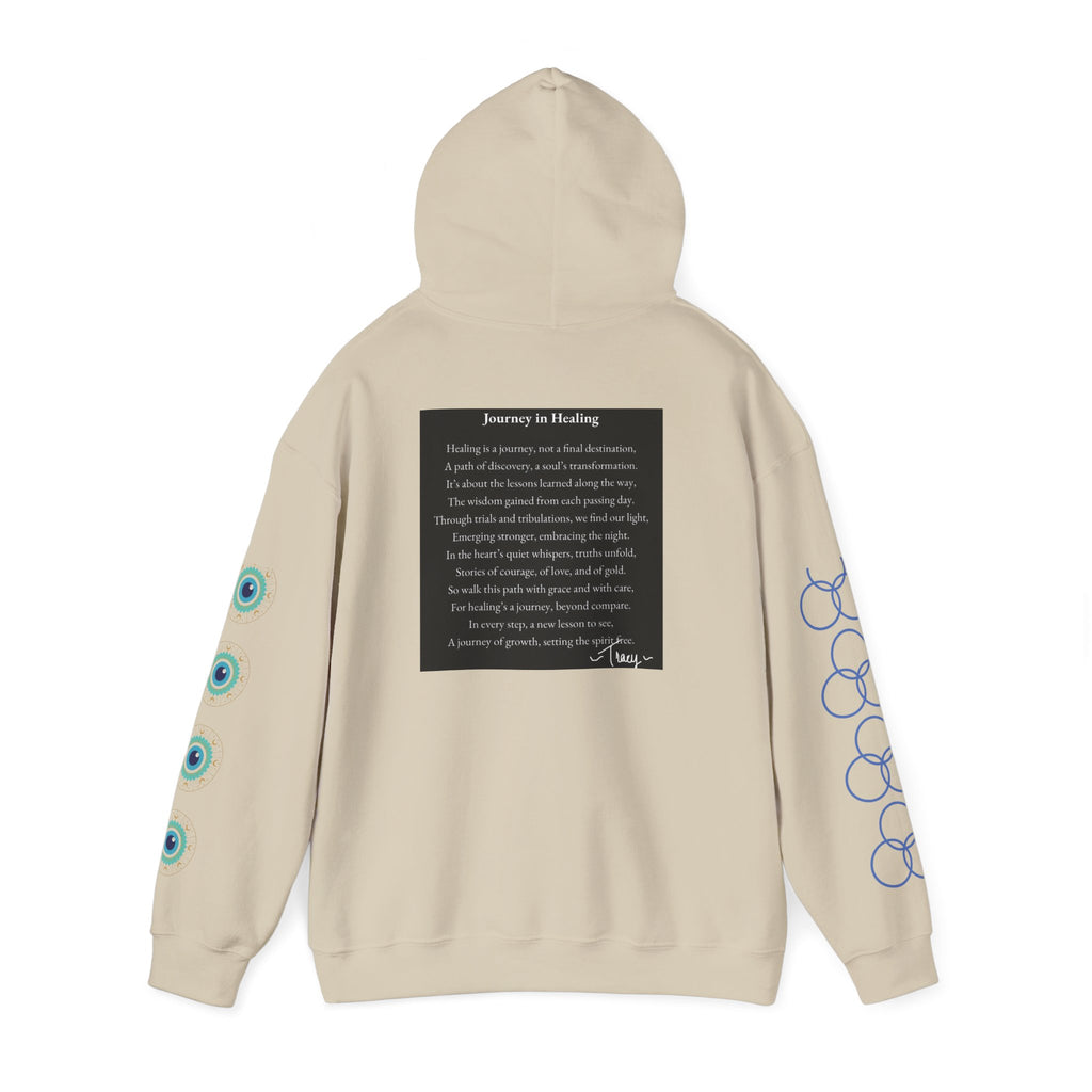 Hoodie — "Healing Is a Journey" Inspirational Pullover with Heart & Sleeve Graphics