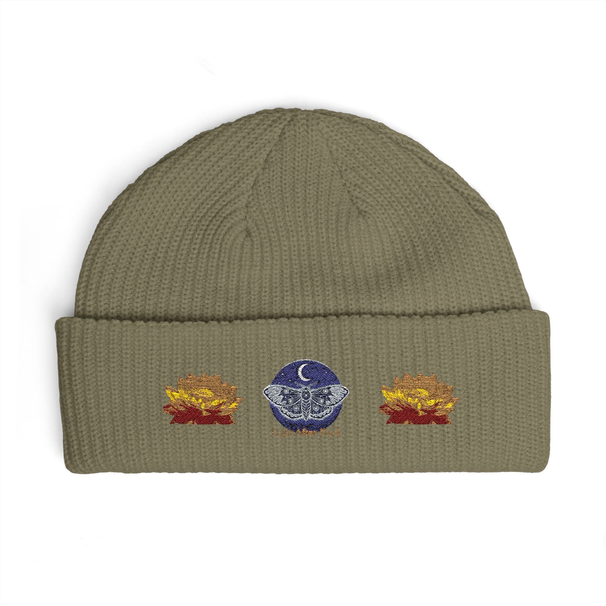 Embroidered light after dark lotus cuff beanie