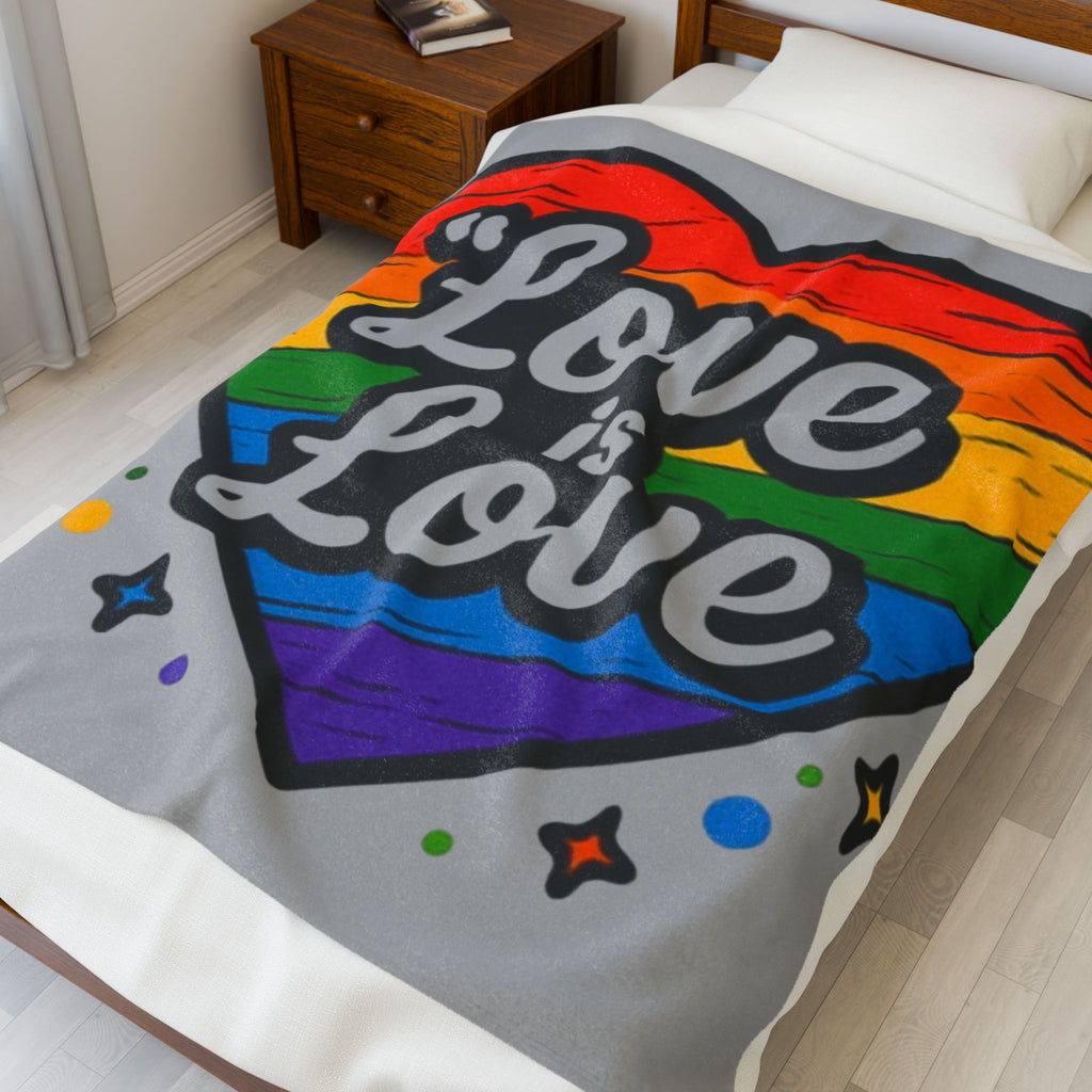 Love Is Love Rainbow Heart Plush Blanket — Soft Velveteen LGBTQ+ Pride Throw