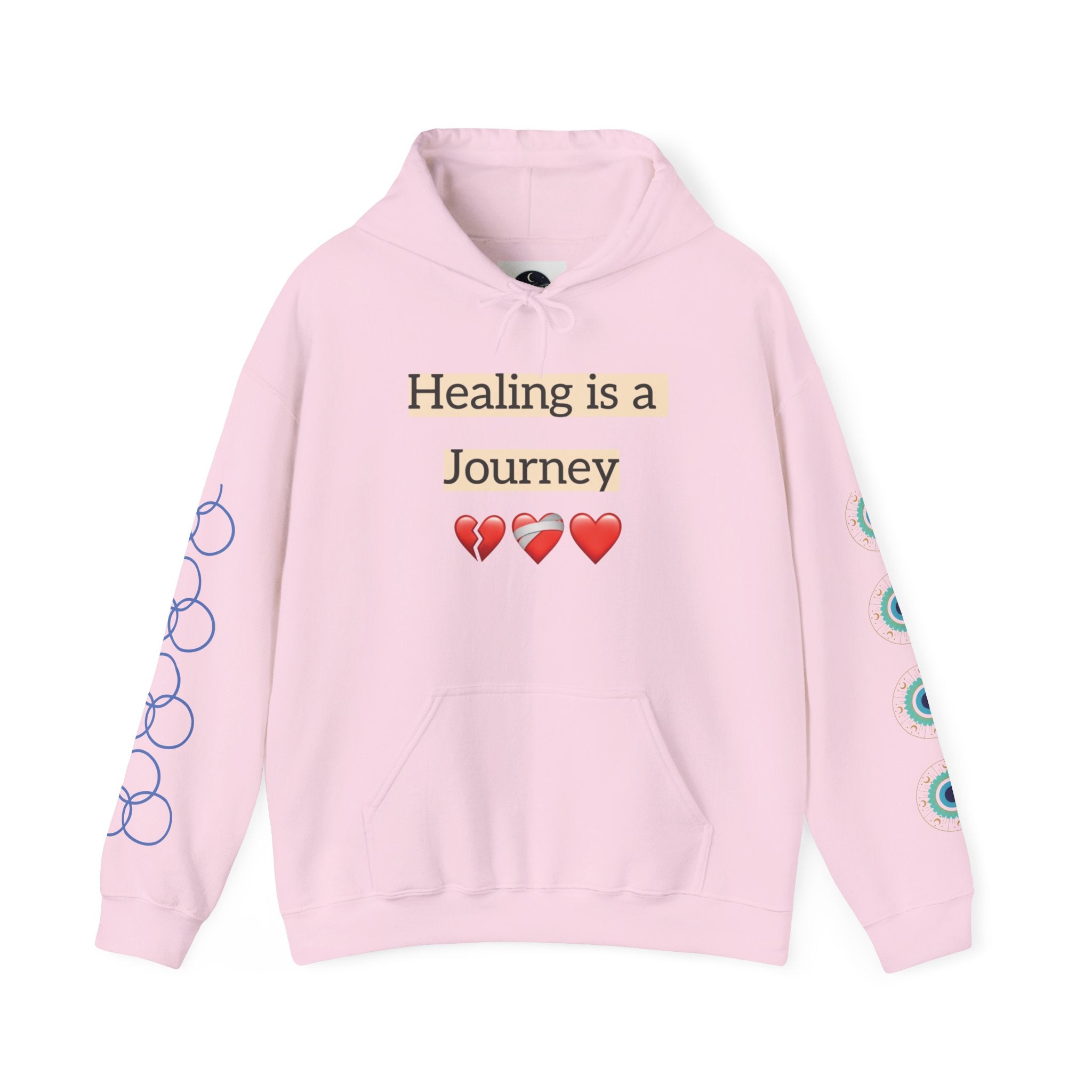 Hoodie — "Healing Is a Journey" Inspirational Pullover with Heart & Sleeve Graphics