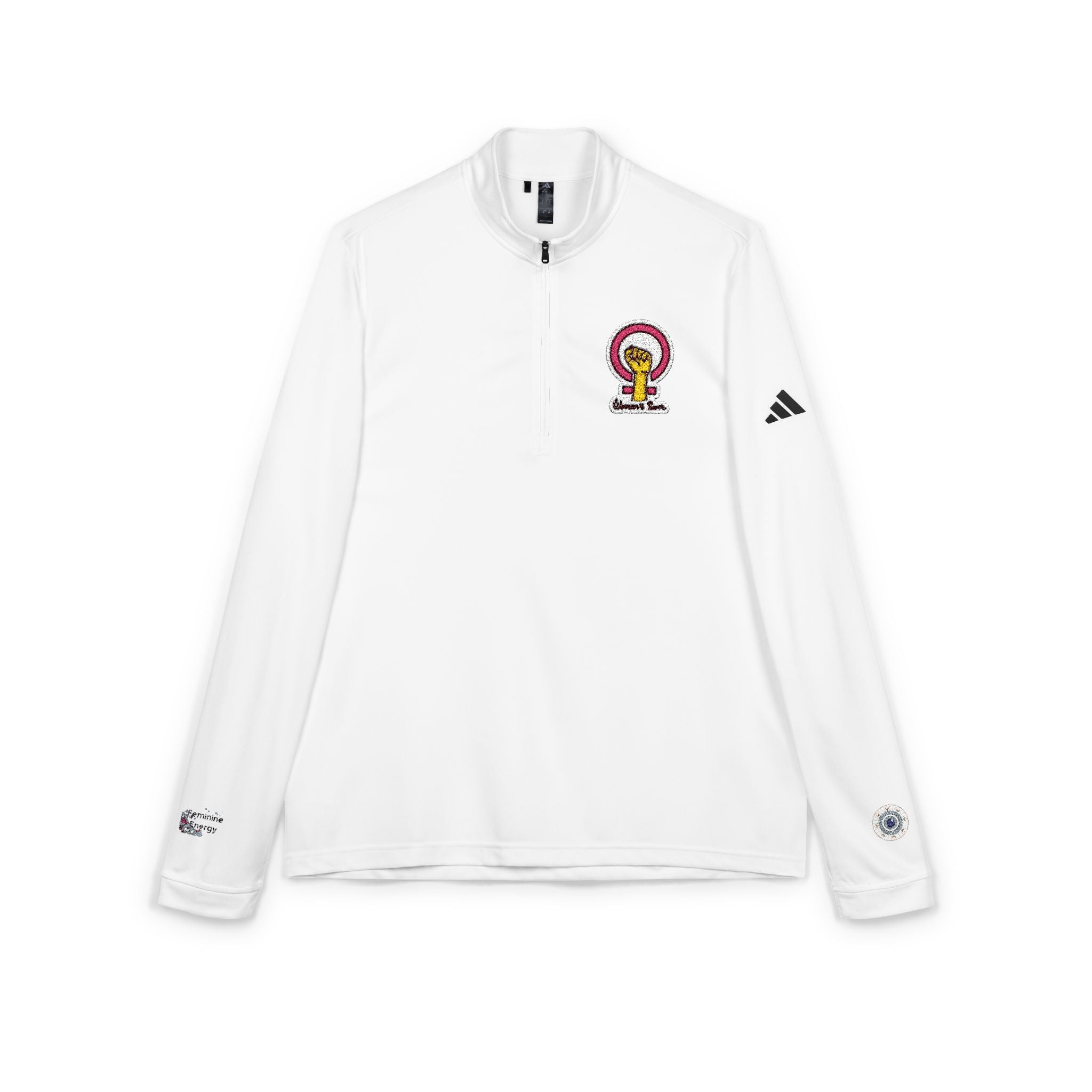 Embroidered White Adidas Quarter-Zip Pullover — Womens power, feminine enery