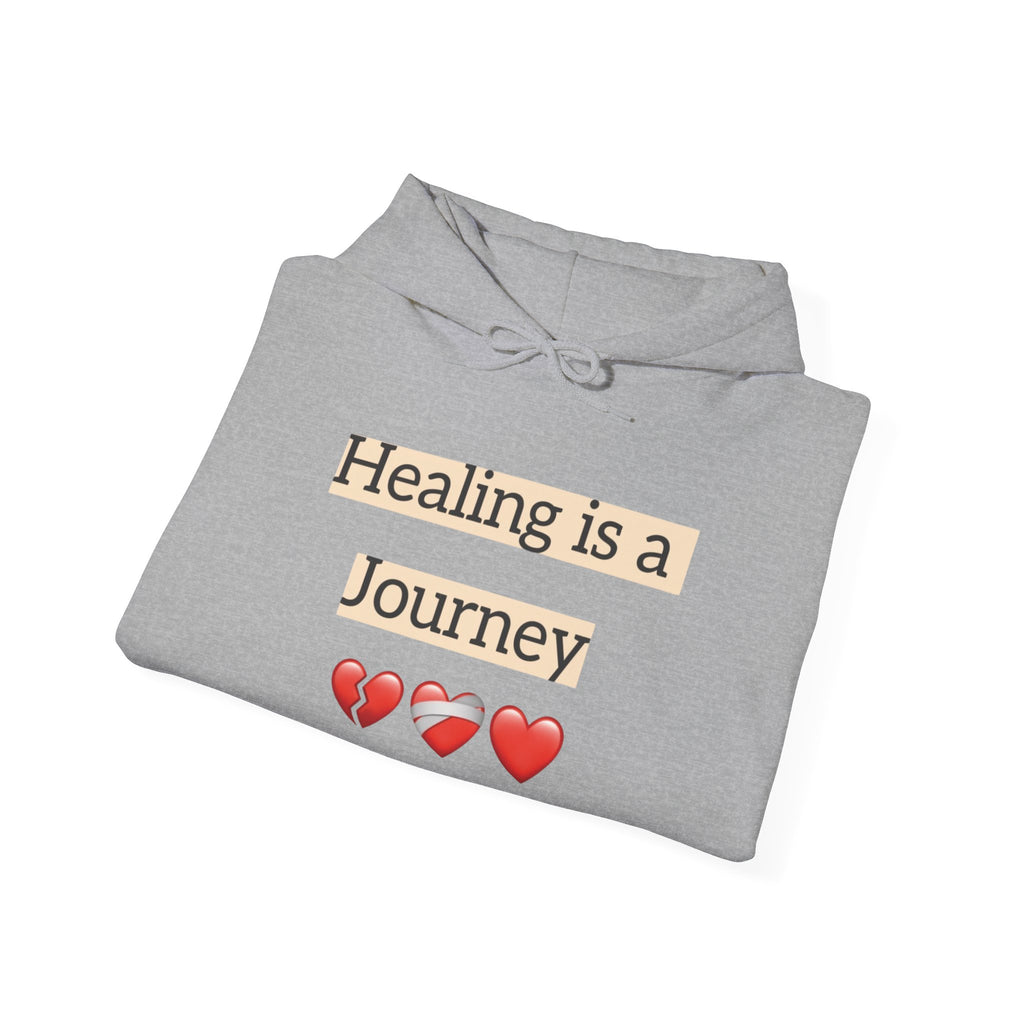 Hoodie — "Healing Is a Journey" Inspirational Pullover with Heart & Sleeve Graphics