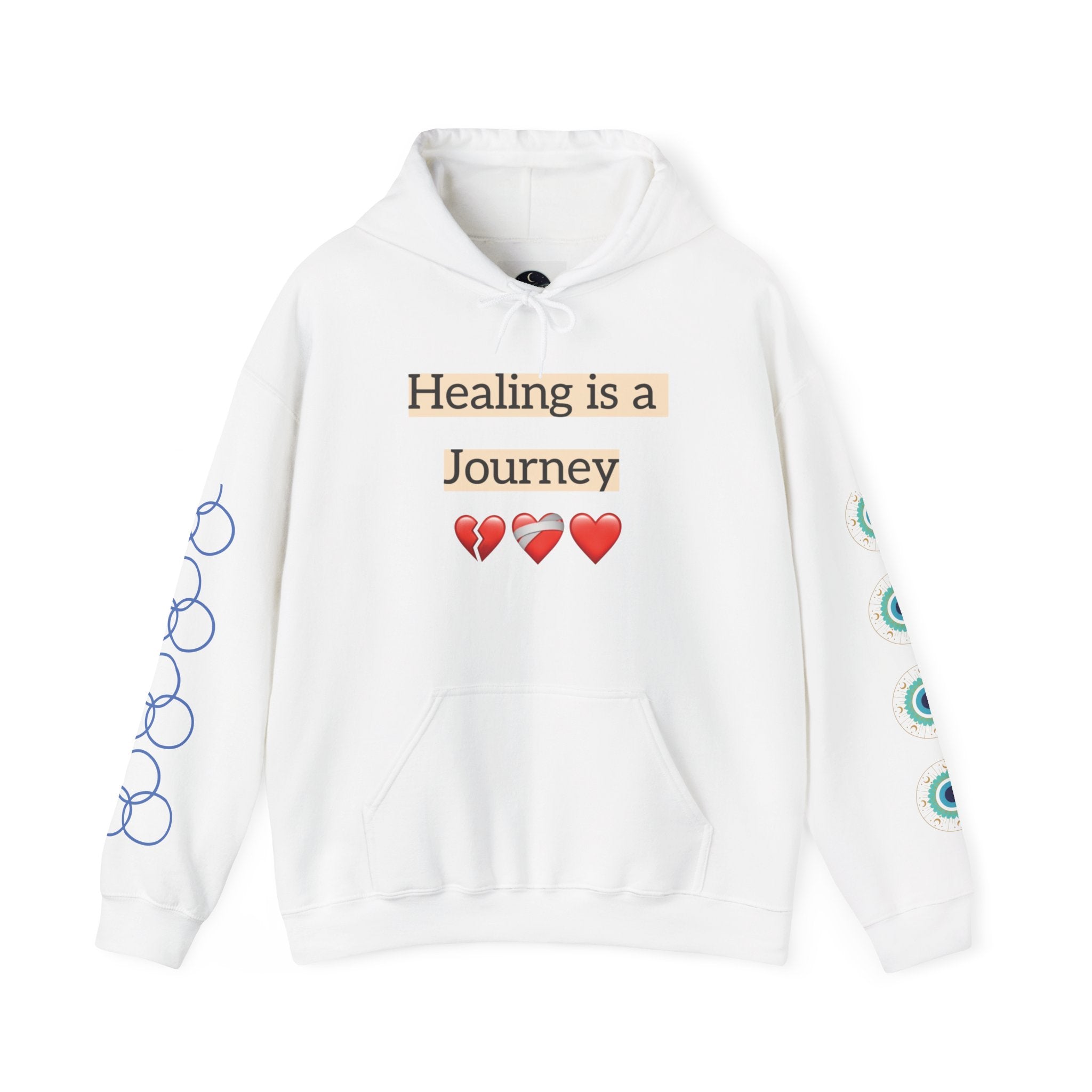 Hoodie — "Healing Is a Journey" Inspirational Pullover with Heart & Sleeve Graphics