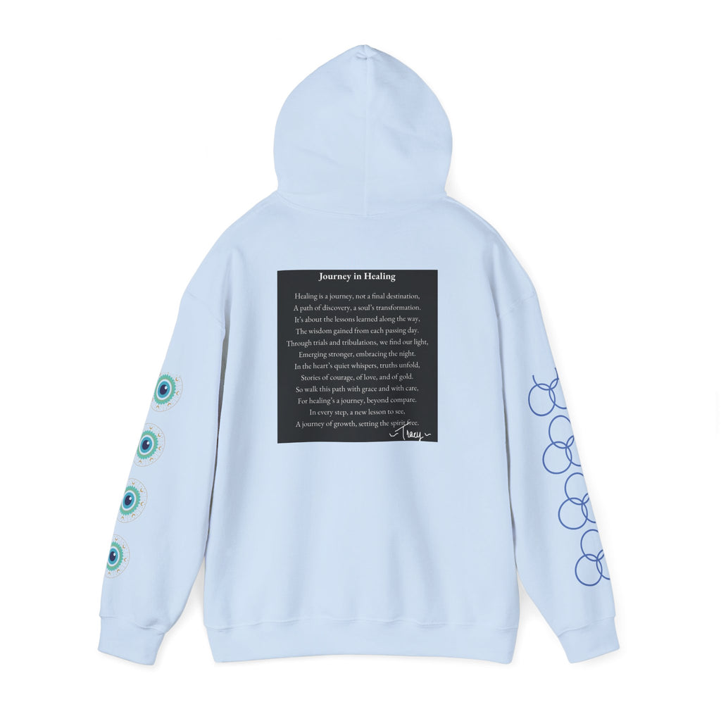 Hoodie — "Healing Is a Journey" Inspirational Pullover with Heart & Sleeve Graphics