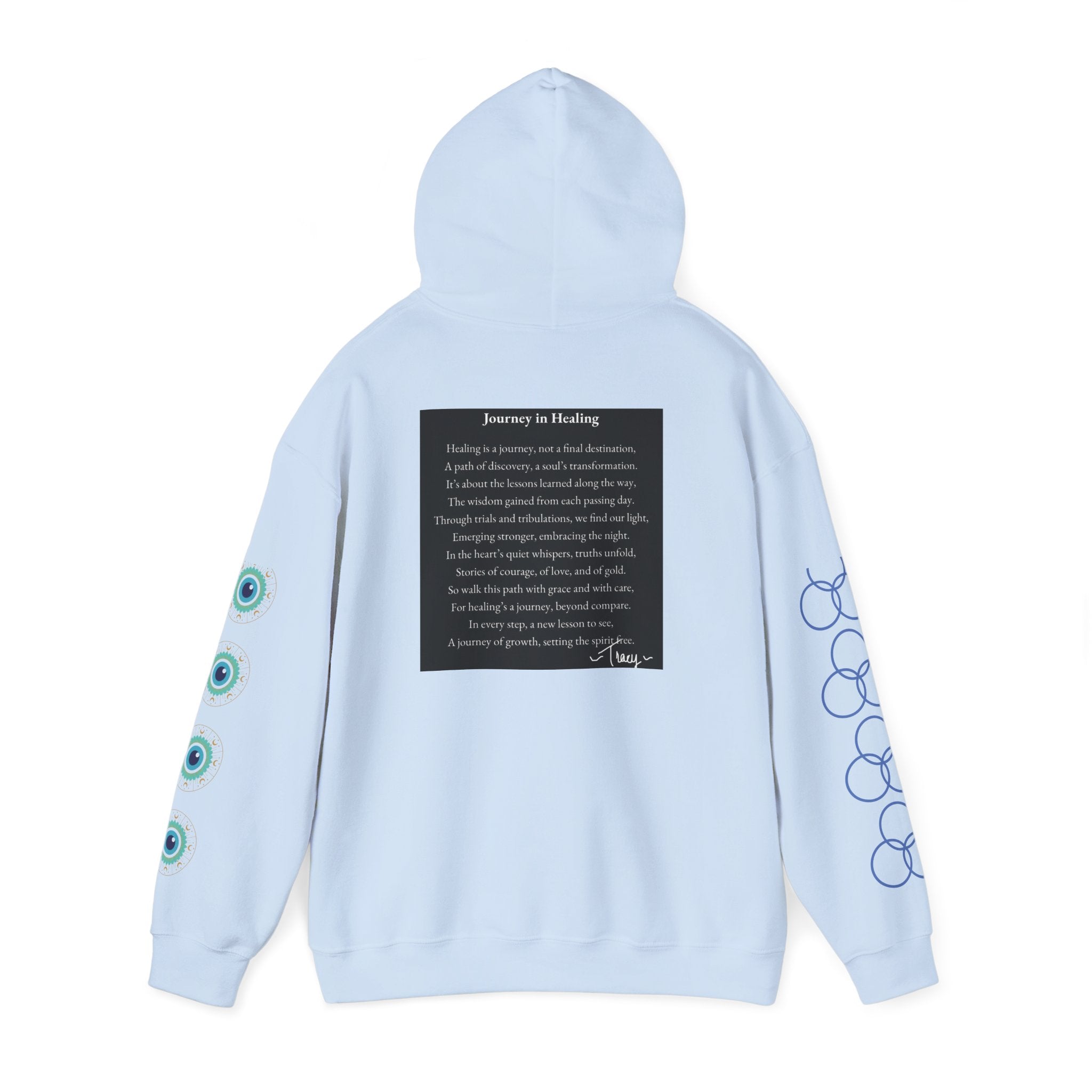 Hoodie — "Healing Is a Journey" Inspirational Pullover with Heart & Sleeve Graphics
