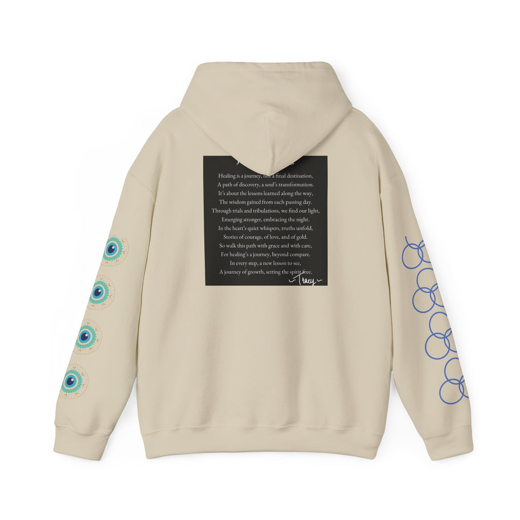 Hoodie — "Healing Is a Journey" Inspirational Pullover with Heart & Sleeve Graphics