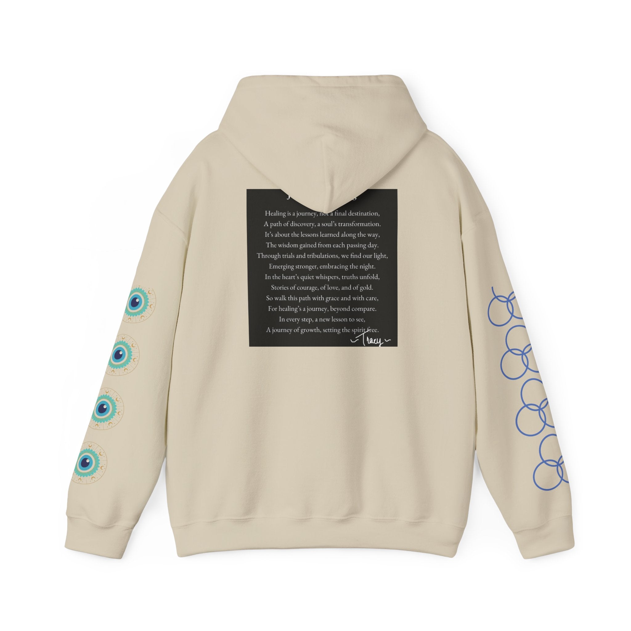 Hoodie — "Healing Is a Journey" Inspirational Pullover with Heart & Sleeve Graphics