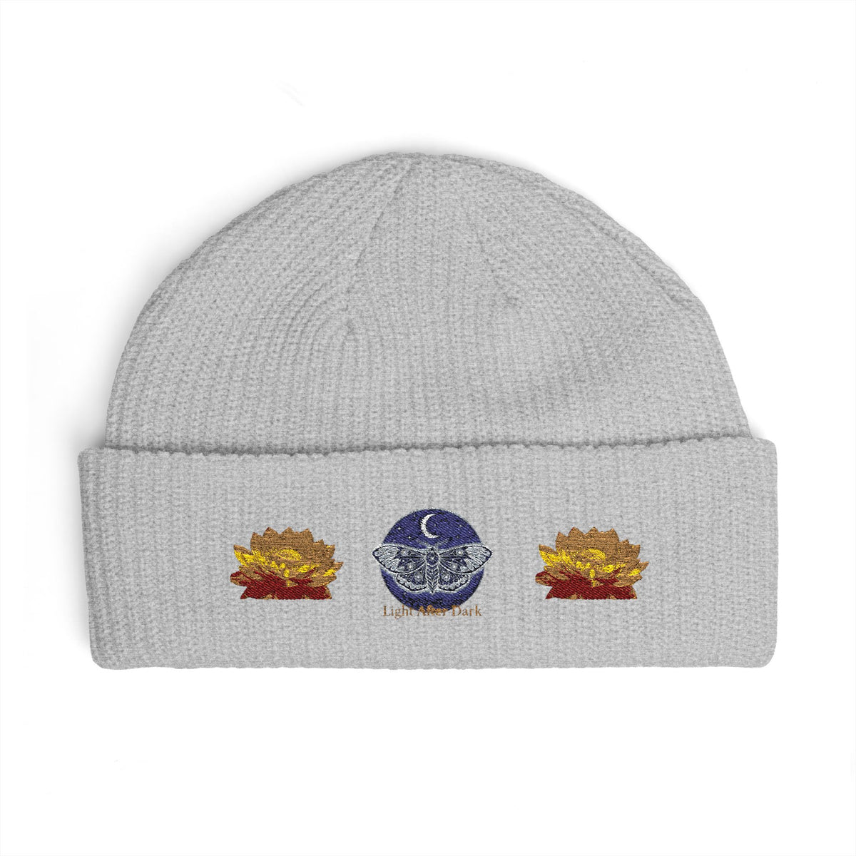 Embroidered light after dark lotus cuff beanie