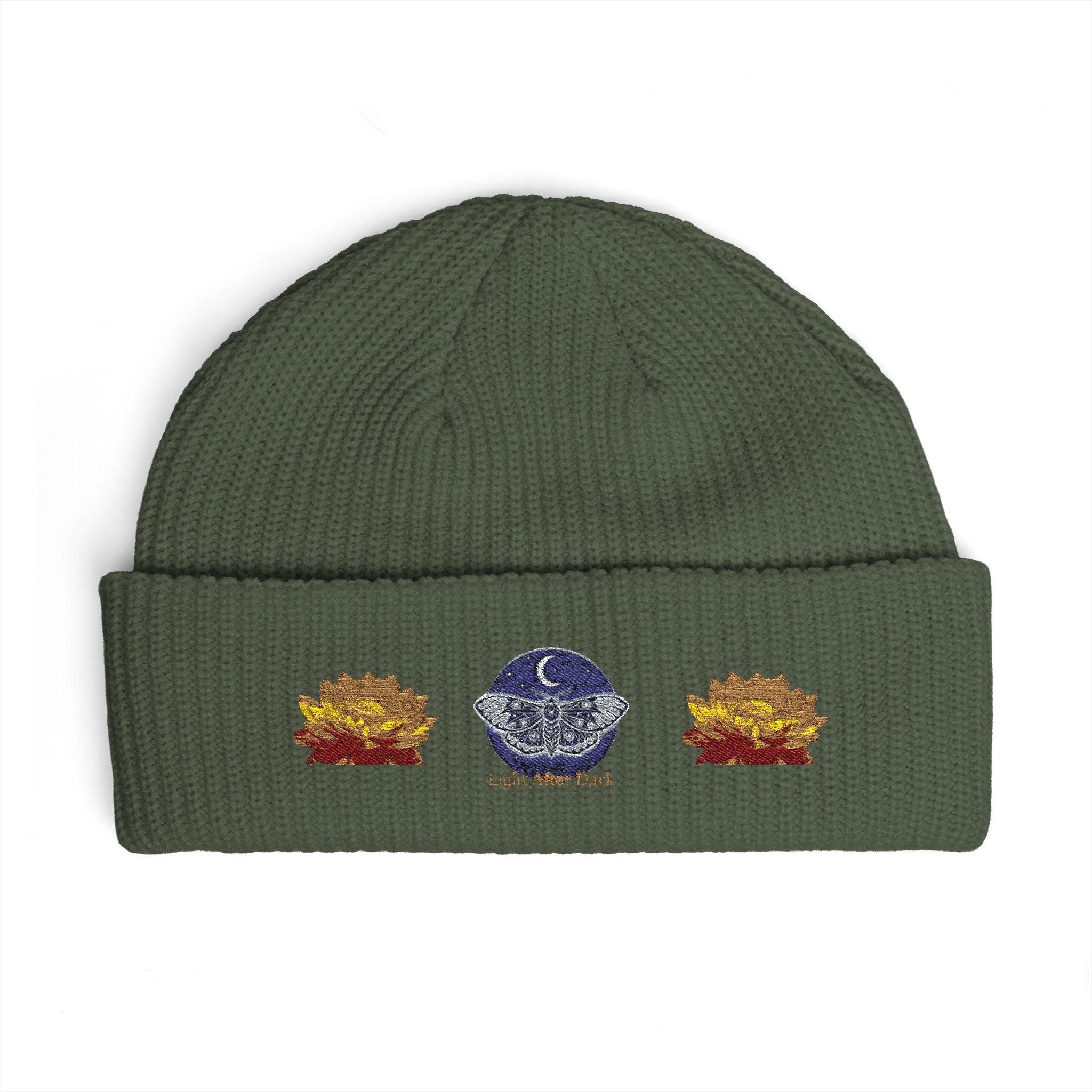 Embroidered light after dark lotus cuff beanie