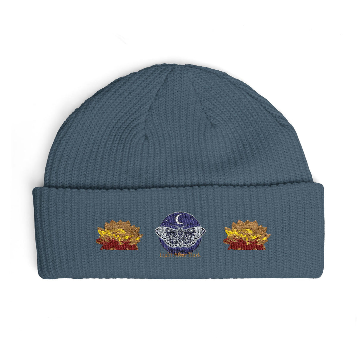 Embroidered light after dark lotus cuff beanie
