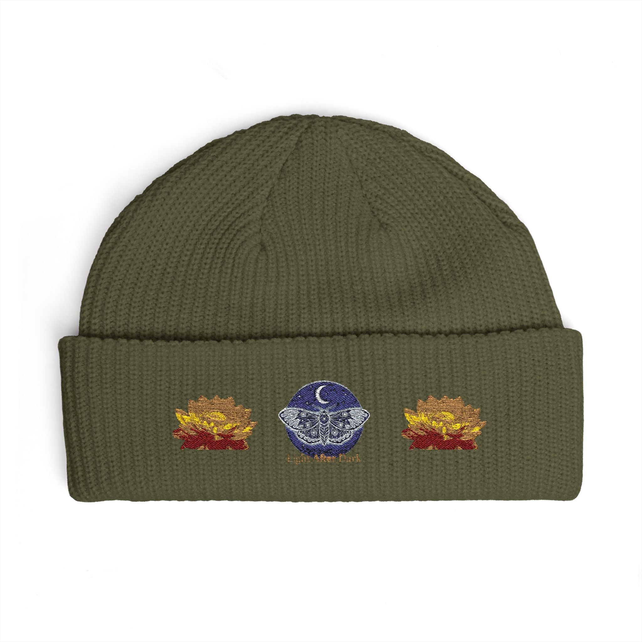 Embroidered light after dark lotus cuff beanie
