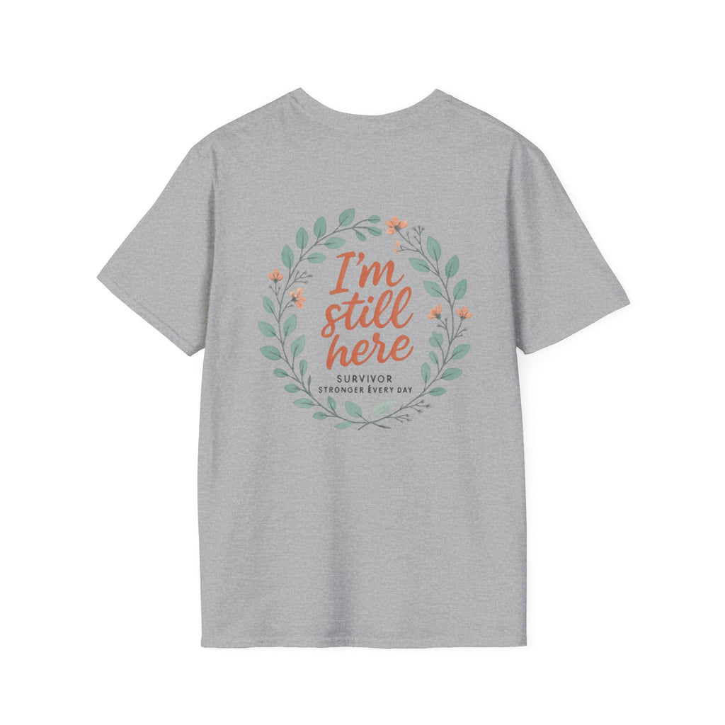 Survivor Awareness T-Shirt — Teal & Purple Ribbon “I’m Still Here” Design
