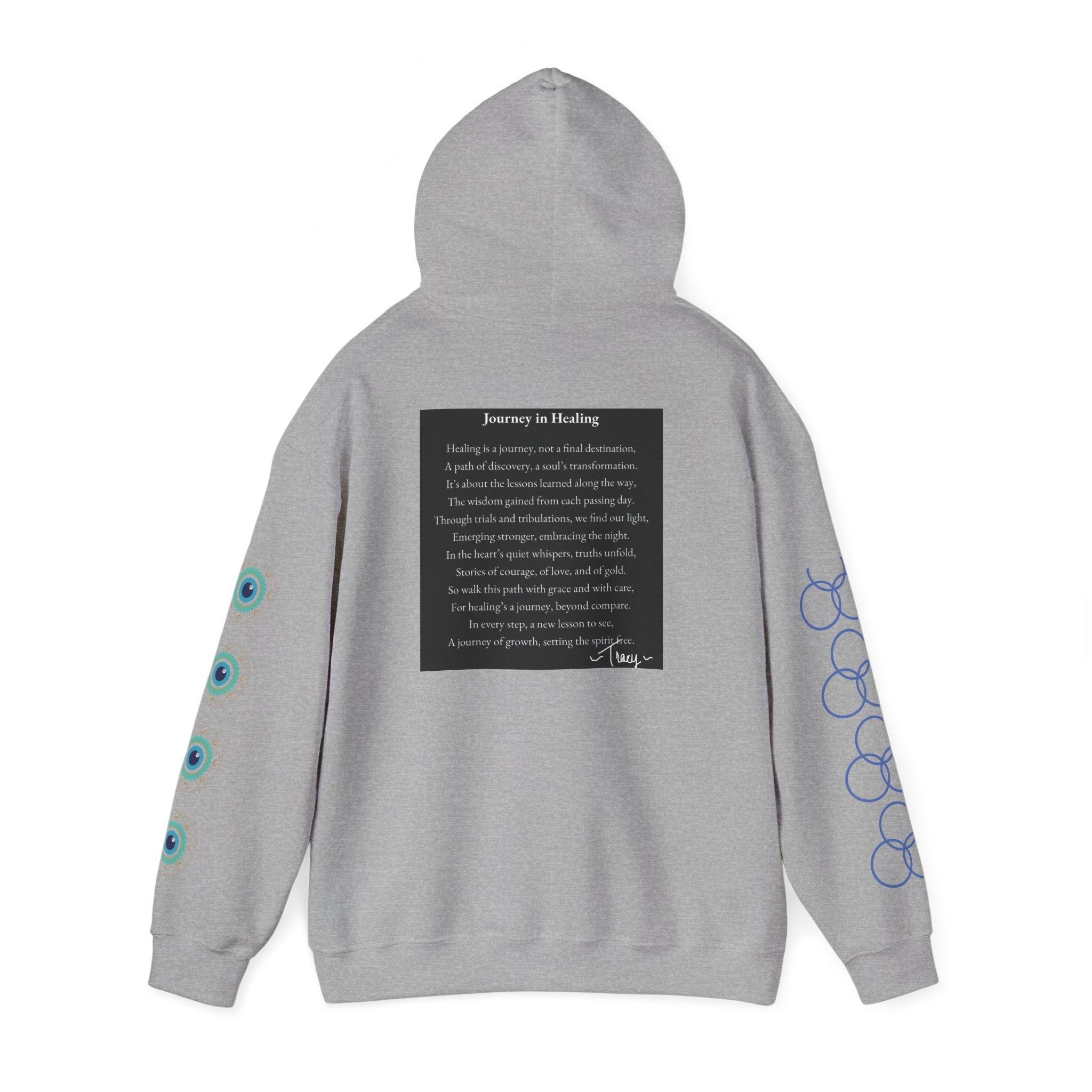 Hoodie — "Healing Is a Journey" Inspirational Pullover with Heart & Sleeve Graphics