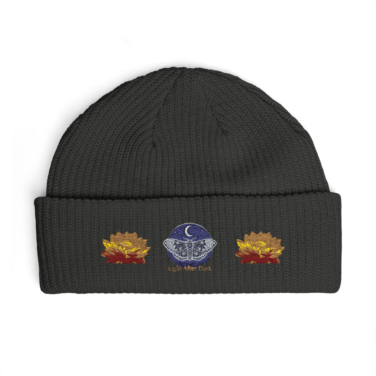 Embroidered light after dark lotus cuff beanie