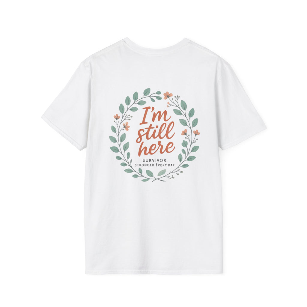 Survivor Awareness T-Shirt — Teal & Purple Ribbon “I’m Still Here” Design