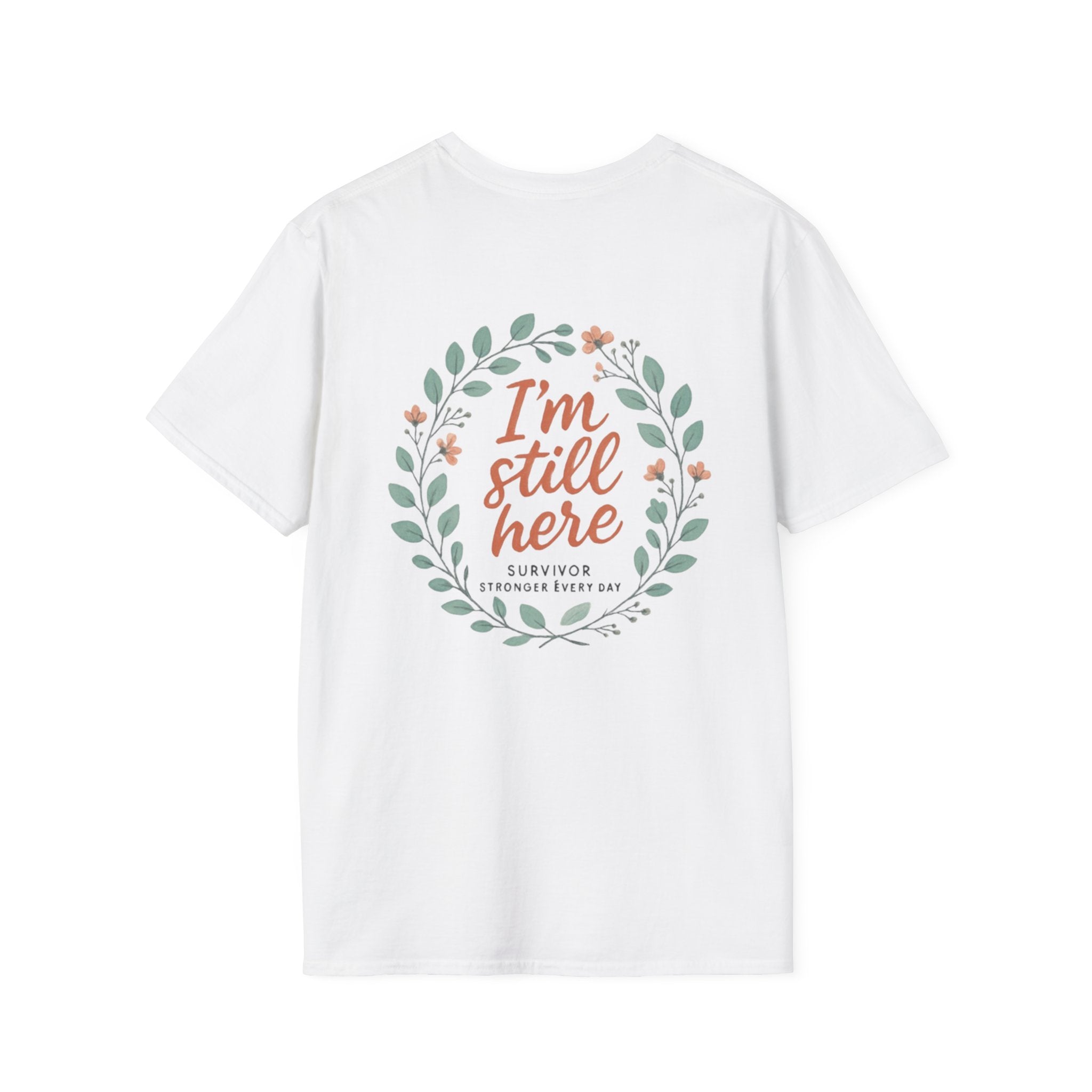 Survivor Awareness T-Shirt — Teal & Purple Ribbon “I’m Still Here” Design
